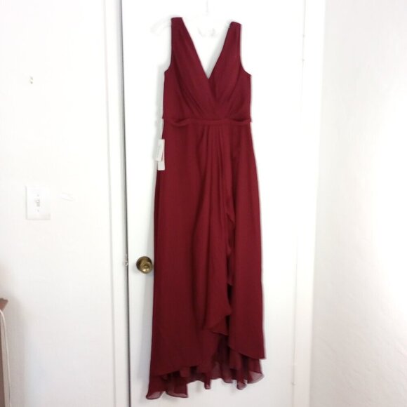 JJs House Cabernet A-line V-Neck Asymmetrical Chiffon Bridesmaid Dress - Picture 1 of 12